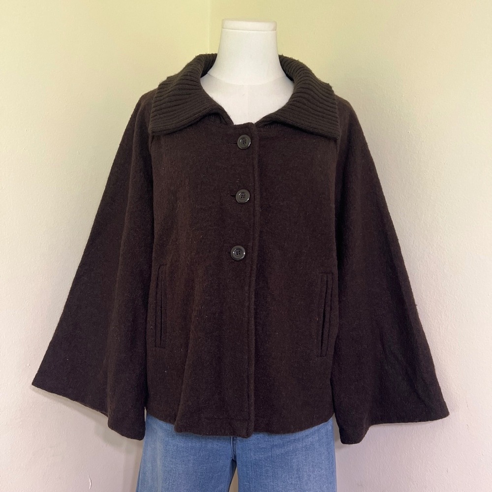 Linda Lucia Brown Wool Swing Jacket Bell Sleeve Ribbed Collar XL RN 132300